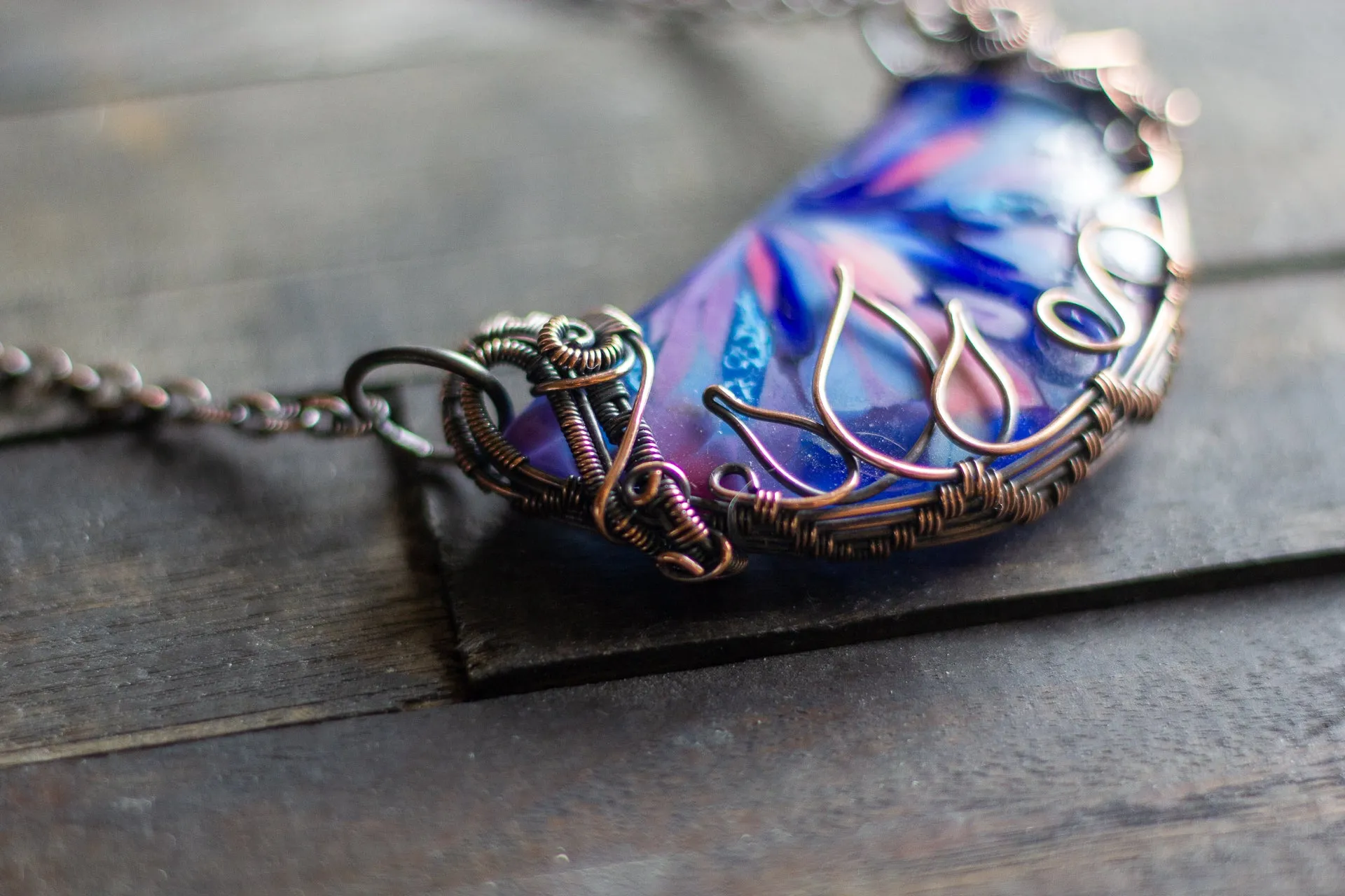 Flower in Bloom Statement Pendant with Copper Wire Wrapping