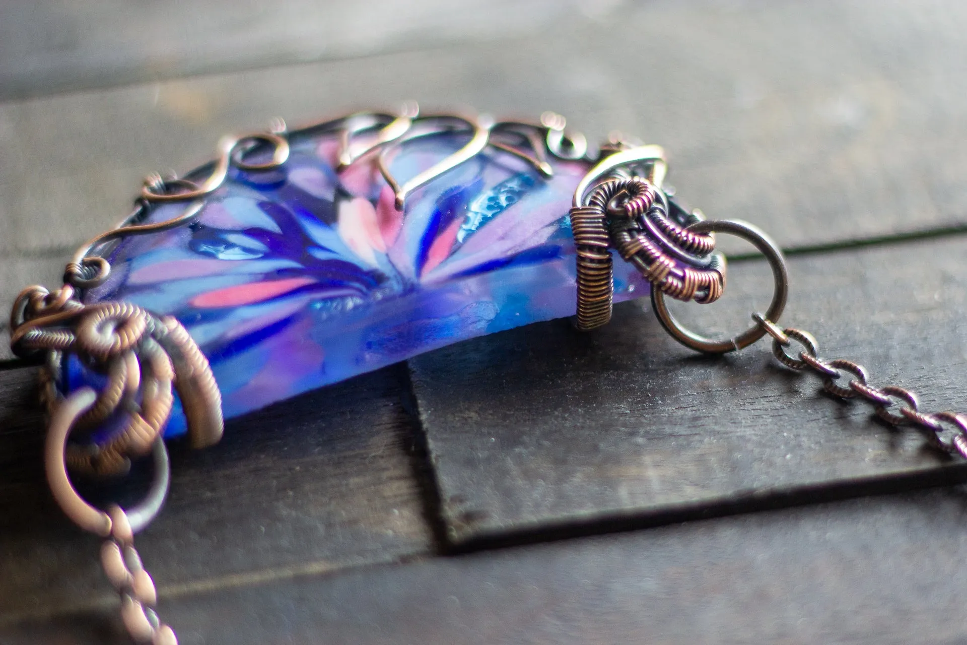 Flower in Bloom Statement Pendant with Copper Wire Wrapping
