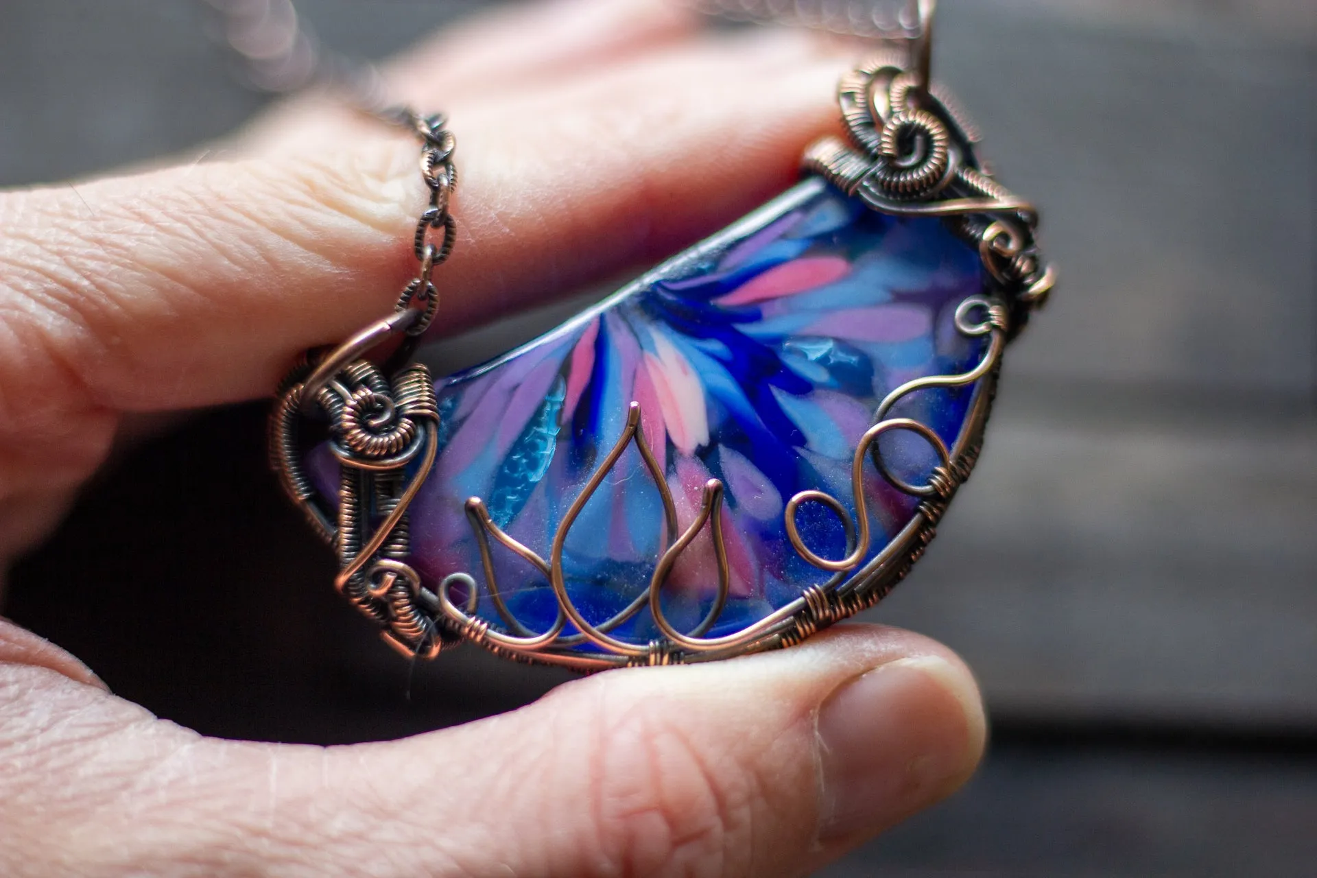Flower in Bloom Statement Pendant with Copper Wire Wrapping
