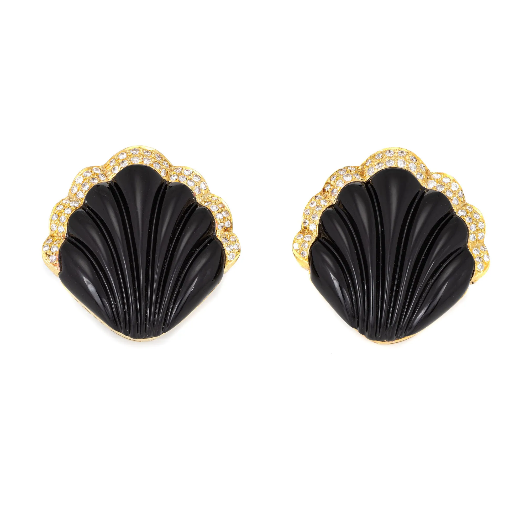 Fluted Onyx Diamond Shell Earrings Vintage 18k Yellow Gold Large Cocktail Fine