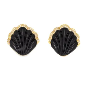 Fluted Onyx Diamond Shell Earrings Vintage 18k Yellow Gold Large Cocktail Fine