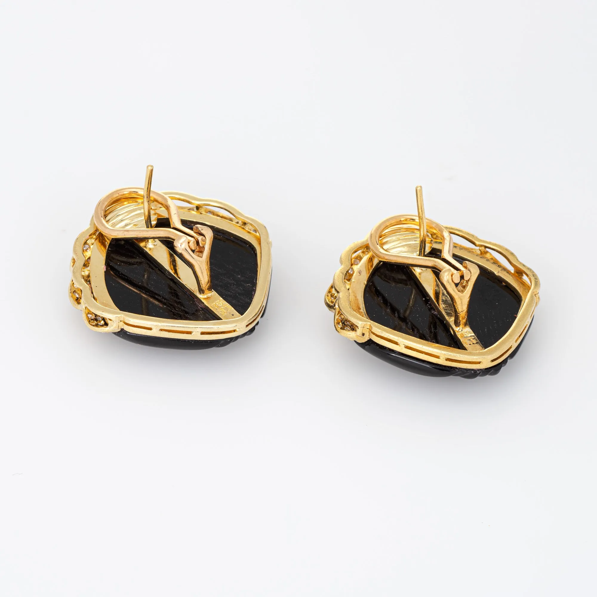 Fluted Onyx Diamond Shell Earrings Vintage 18k Yellow Gold Large Cocktail Fine