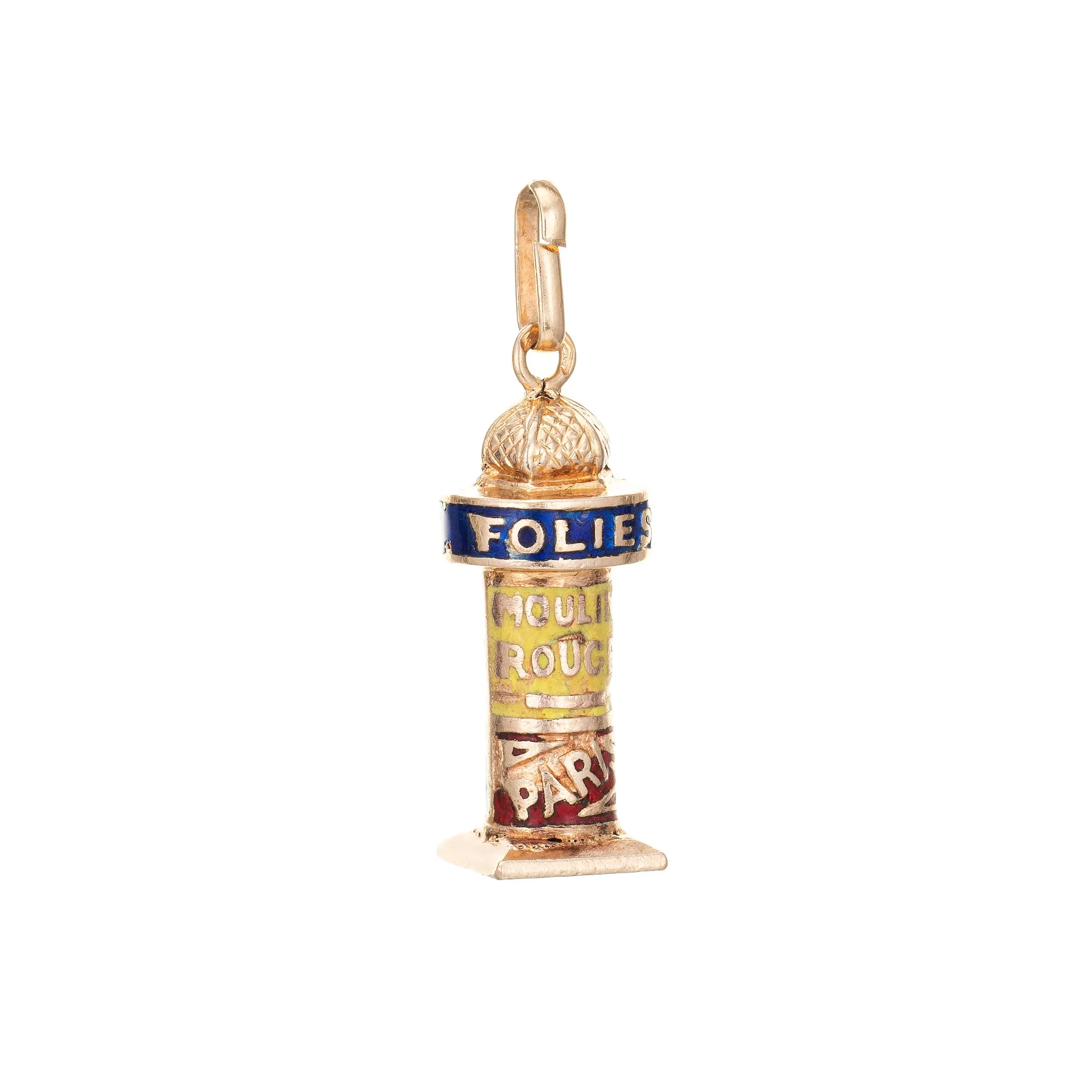 French News Kiosk Charm Enamel Vintage 18k Gold Fine Hallmarked Jewelry Paris