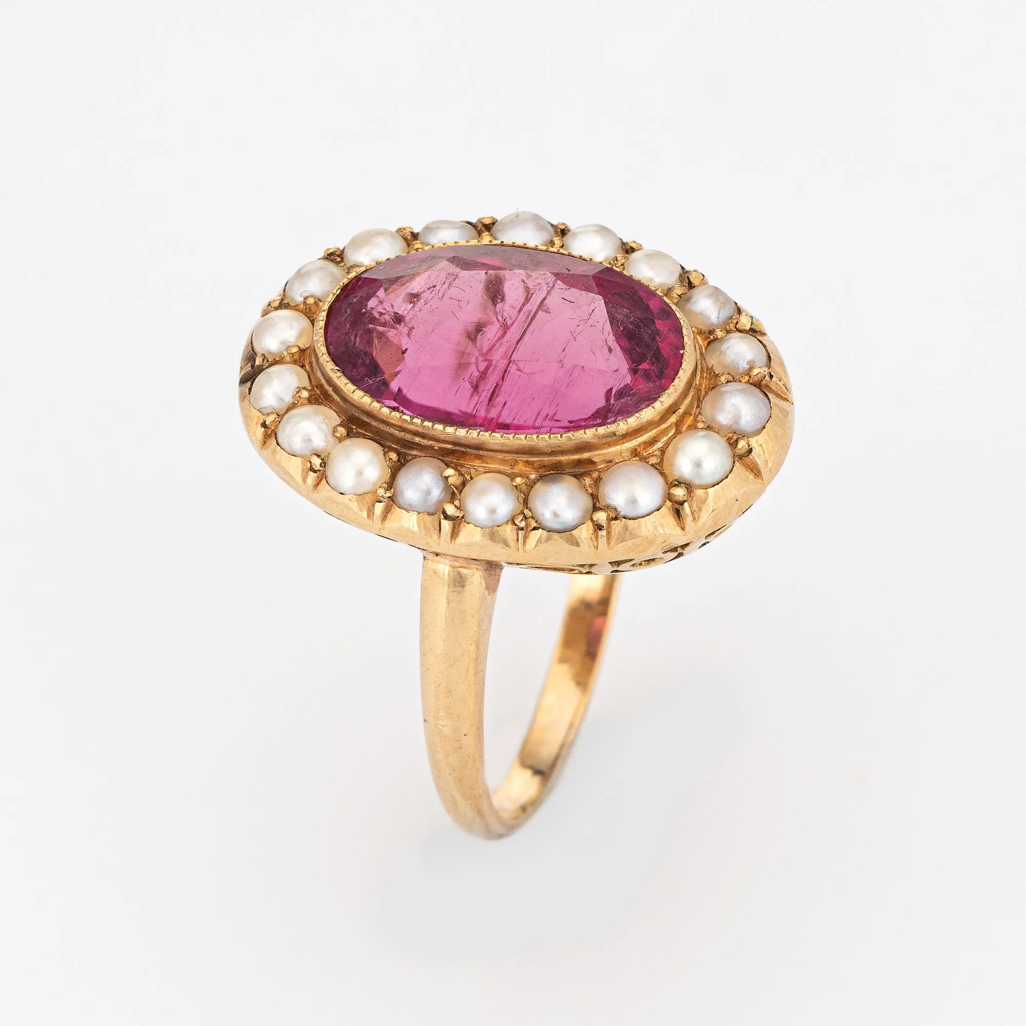 Fuchsia Pink Tourmaline Pearl Ring Vintage 14k Gold Oval Princess Cocktail 6.25