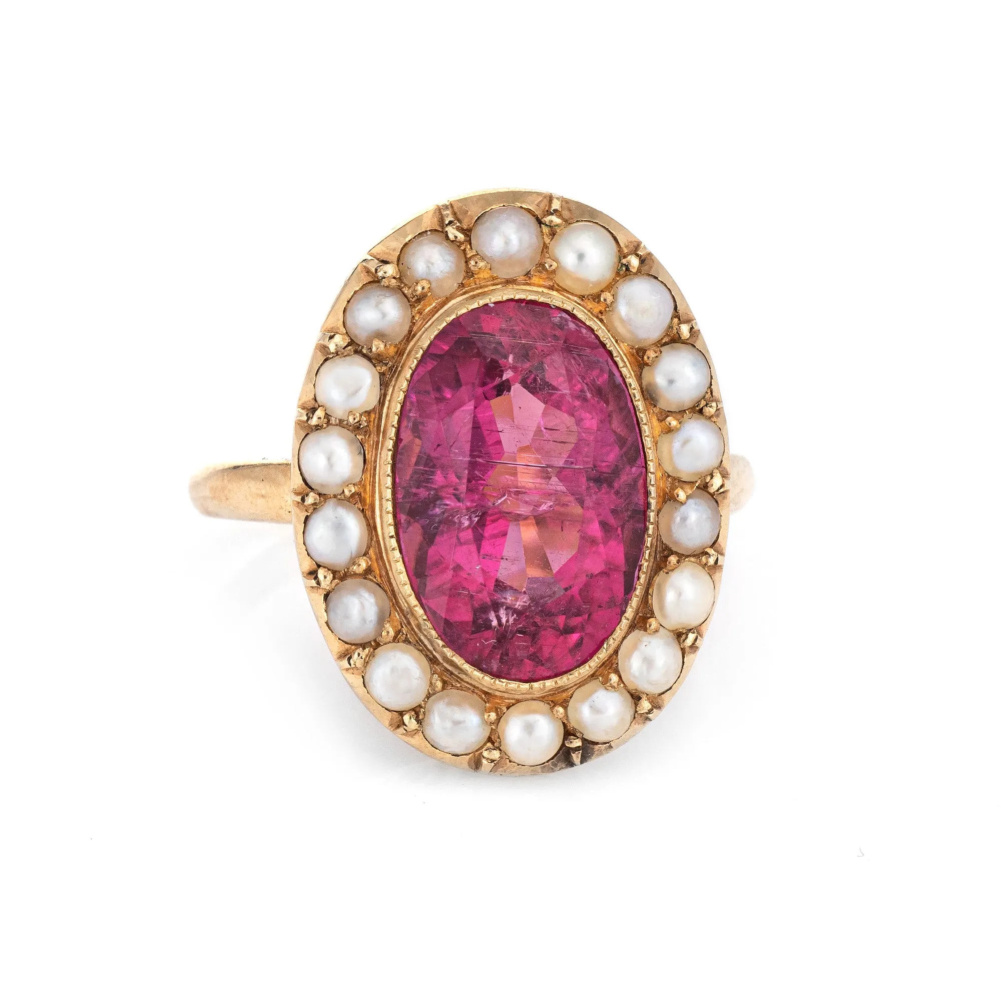 Fuchsia Pink Tourmaline Pearl Ring Vintage 14k Gold Oval Princess Cocktail 6.25