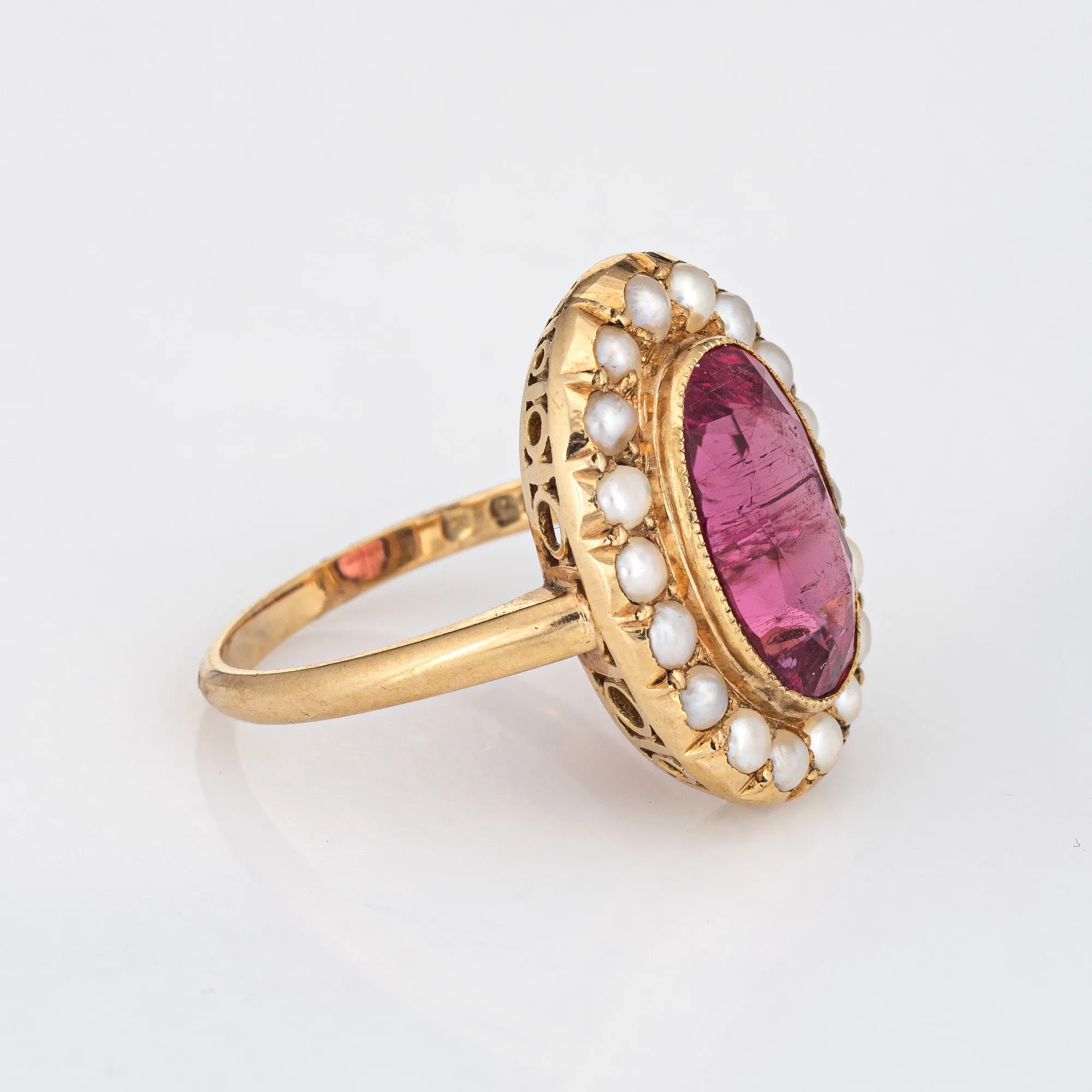 Fuchsia Pink Tourmaline Pearl Ring Vintage 14k Gold Oval Princess Cocktail 6.25