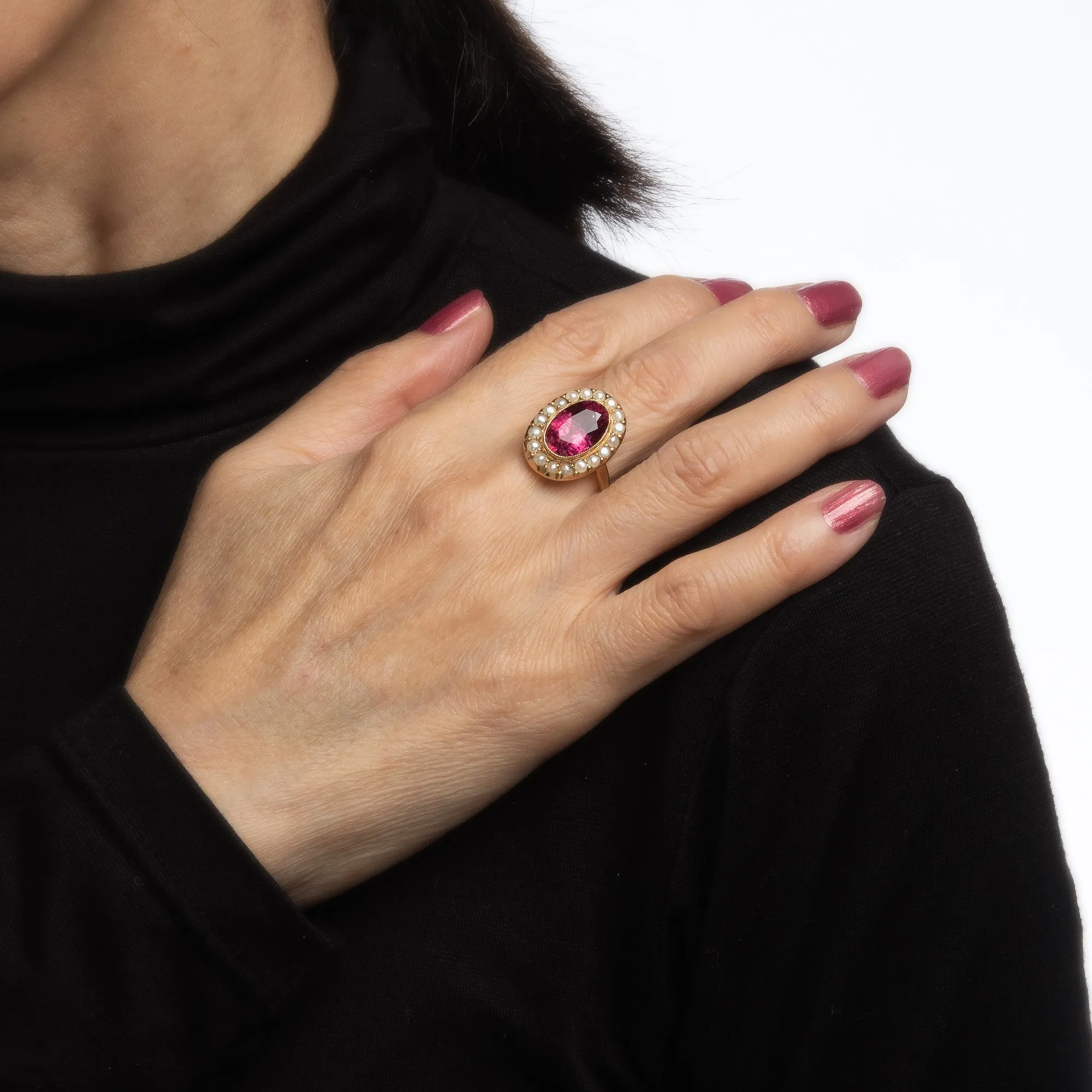 Fuchsia Pink Tourmaline Pearl Ring Vintage 14k Gold Oval Princess Cocktail 6.25
