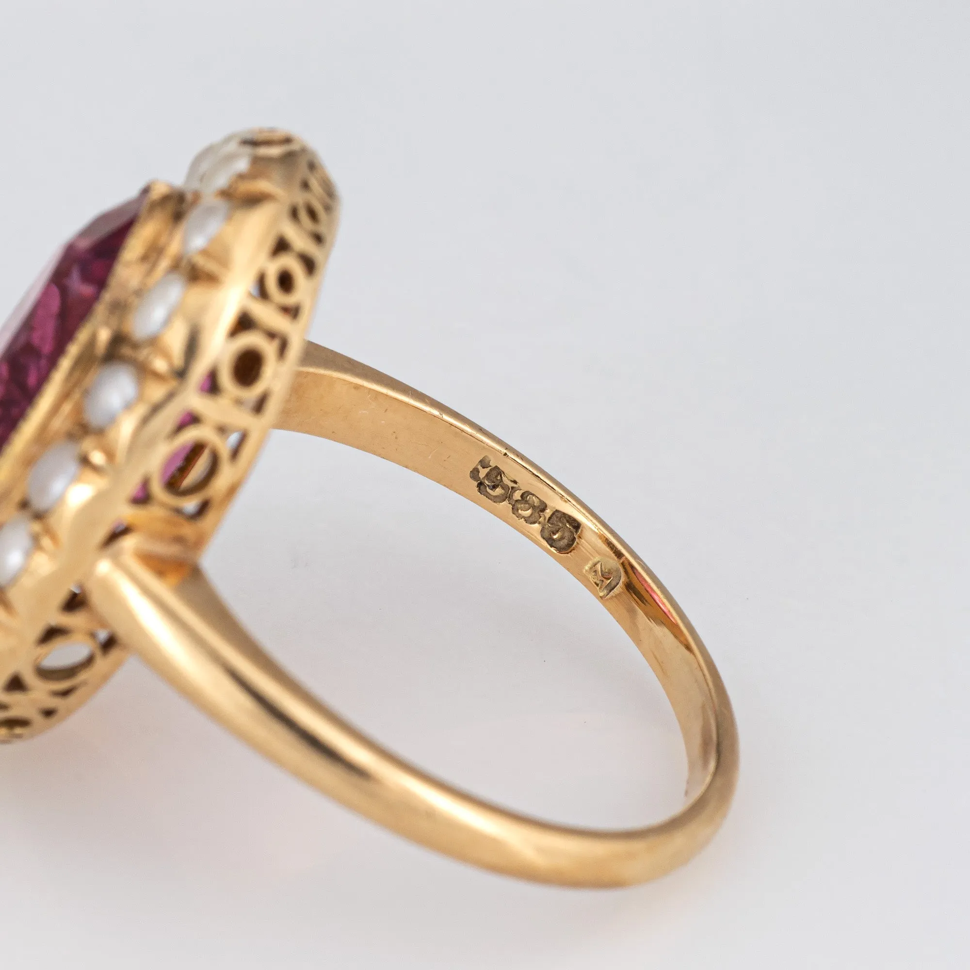 Fuchsia Pink Tourmaline Pearl Ring Vintage 14k Gold Oval Princess Cocktail 6.25