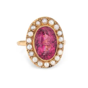 Fuchsia Pink Tourmaline Pearl Ring Vintage 14k Gold Oval Princess Cocktail 6.25