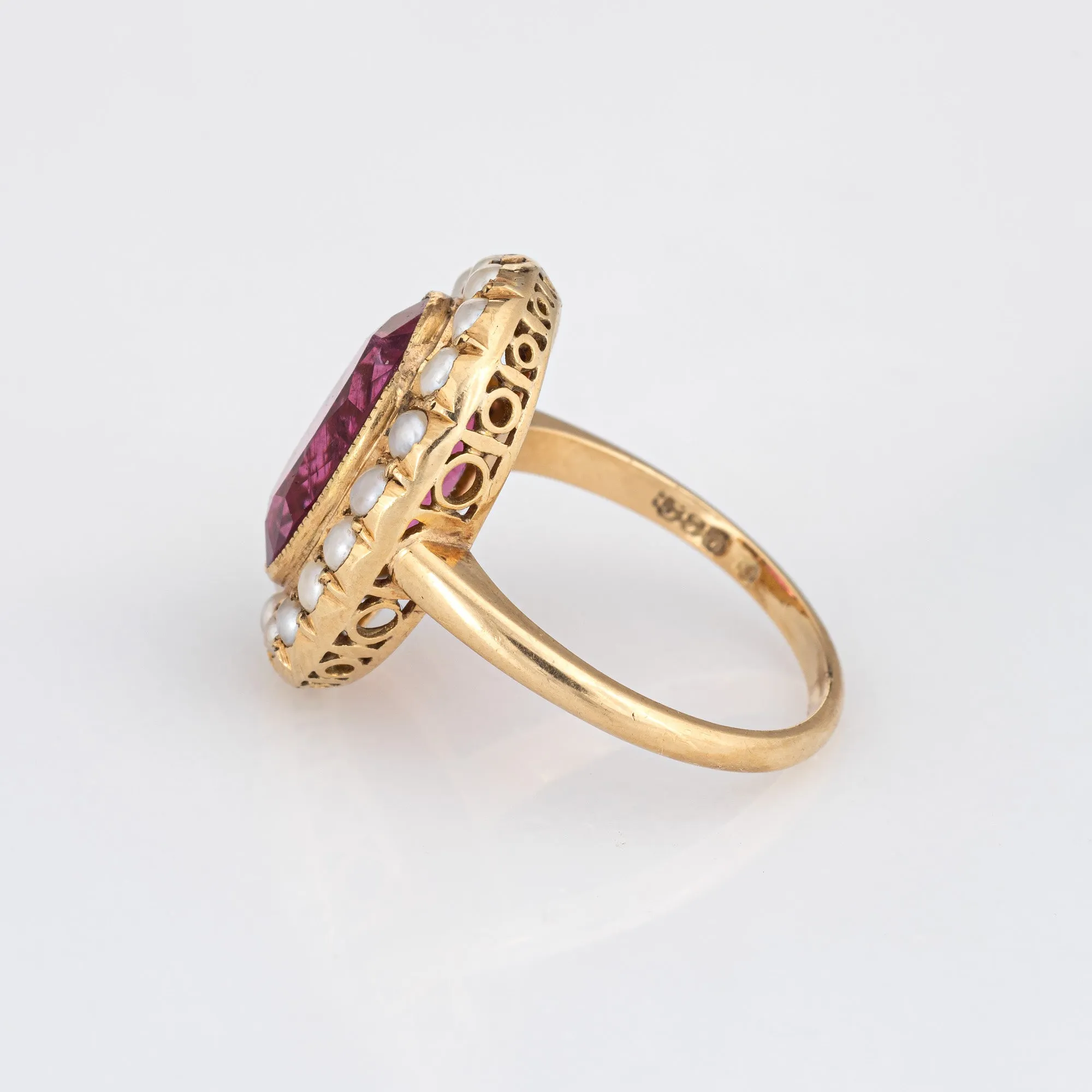 Fuchsia Pink Tourmaline Pearl Ring Vintage 14k Gold Oval Princess Cocktail 6.25