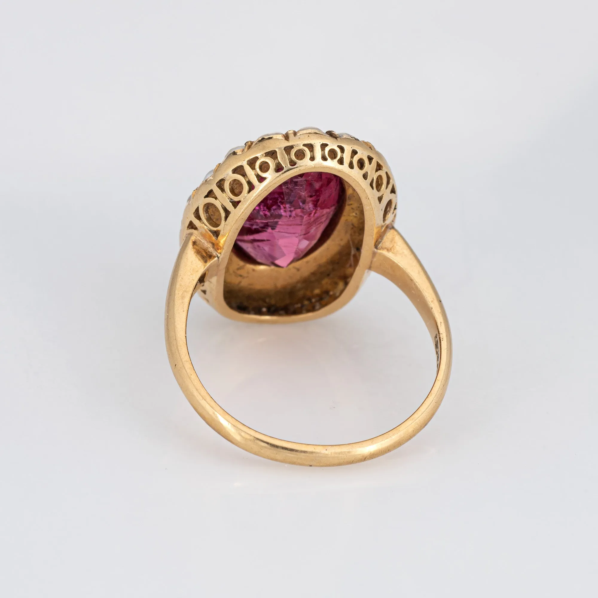 Fuchsia Pink Tourmaline Pearl Ring Vintage 14k Gold Oval Princess Cocktail 6.25