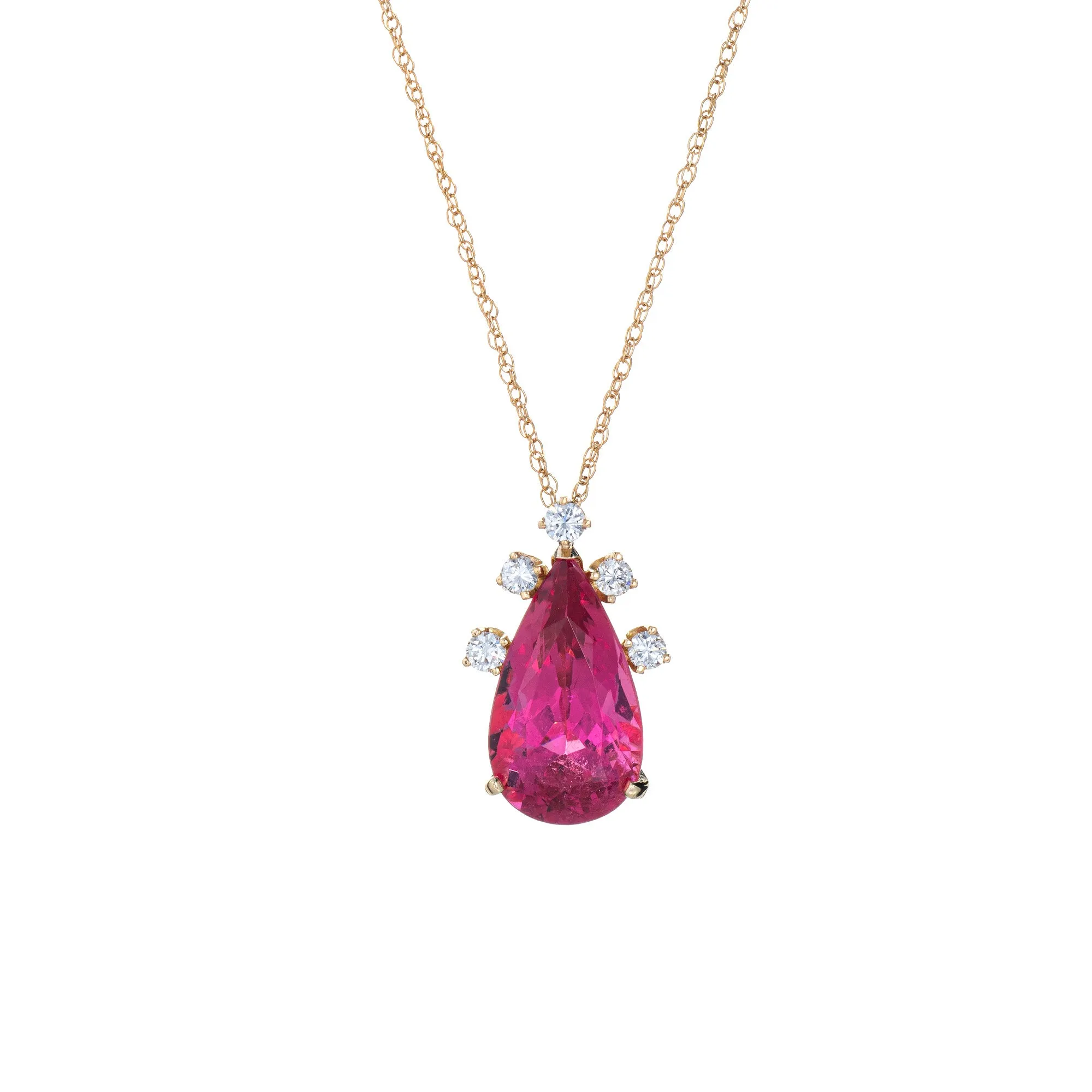 Fushia Pink Tourmaline Diamond Pendant Vintage 14k Gold Pear Cut Certificate