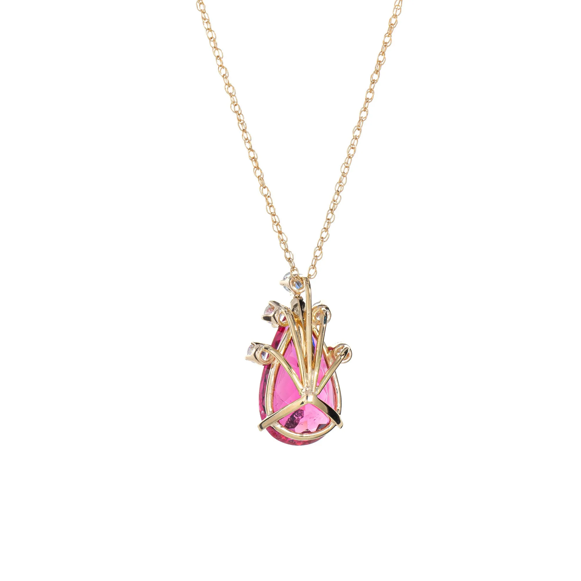 Fushia Pink Tourmaline Diamond Pendant Vintage 14k Gold Pear Cut Certificate