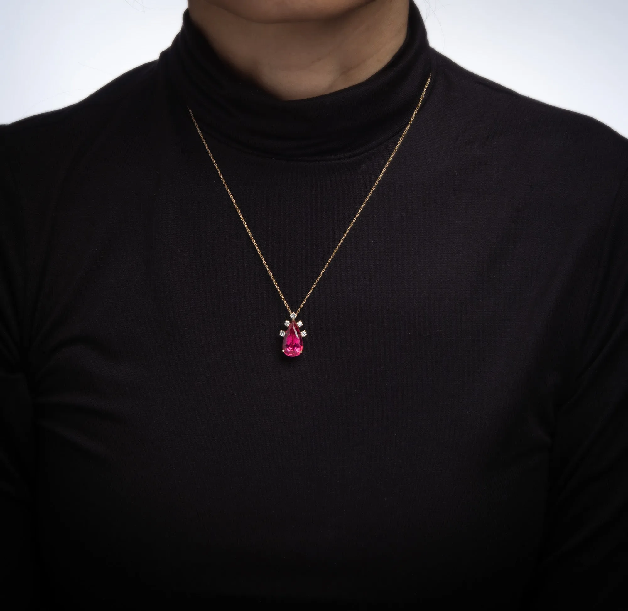Fushia Pink Tourmaline Diamond Pendant Vintage 14k Gold Pear Cut Certificate