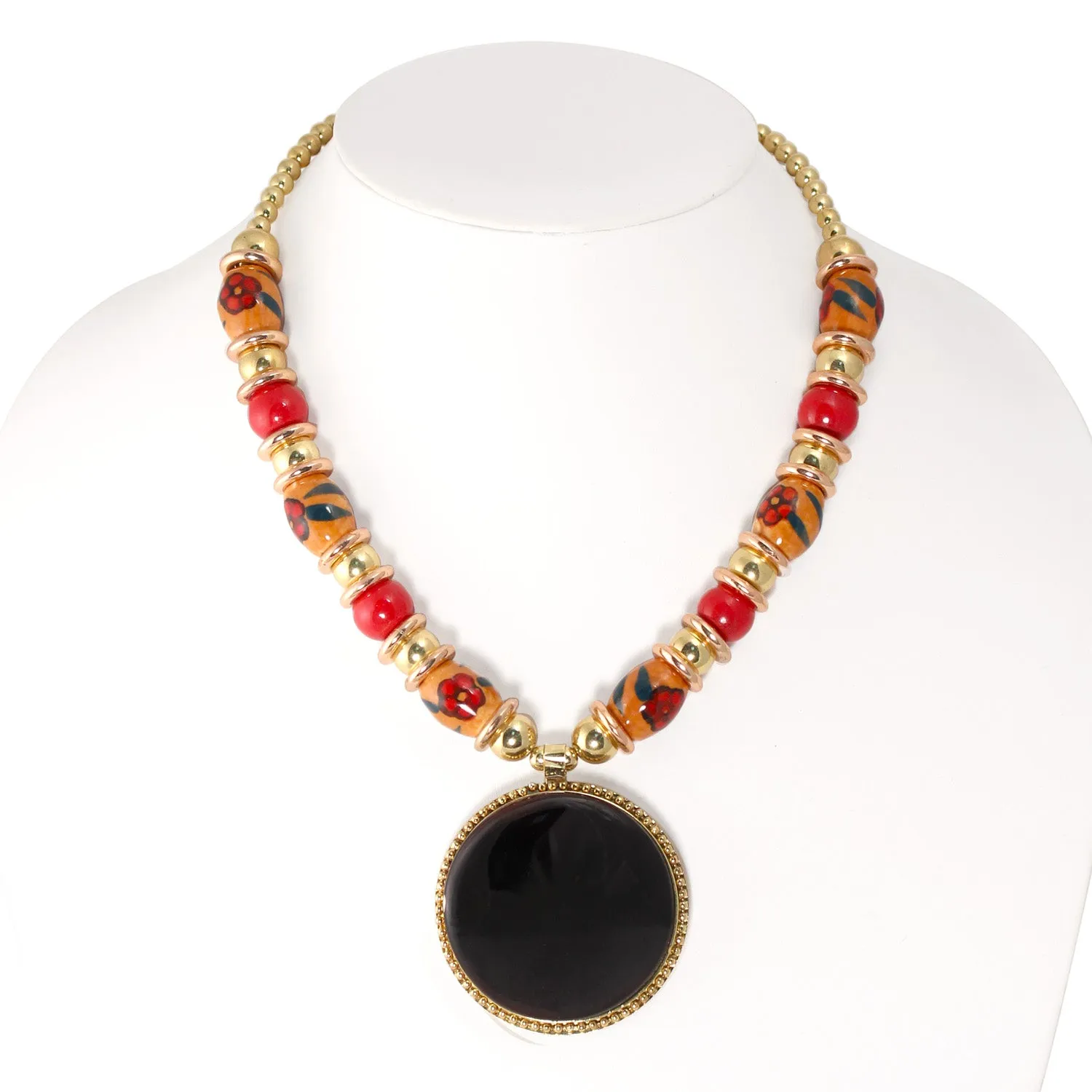 GOLD CREAMIC AND CORAL BEADS ROUND BLACK PENDANT NECKLACE #FWNK-1902-05
