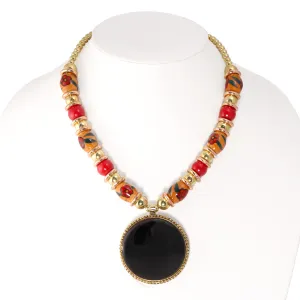 GOLD CREAMIC AND CORAL BEADS ROUND BLACK PENDANT NECKLACE #FWNK-1902-05