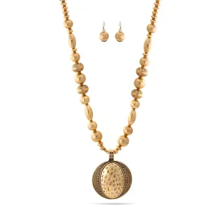 Gold Oxidize Beads and Gold Hammered Round Pendant  Necklace And Earrings Set #HNN E89315GDOX (XB20)