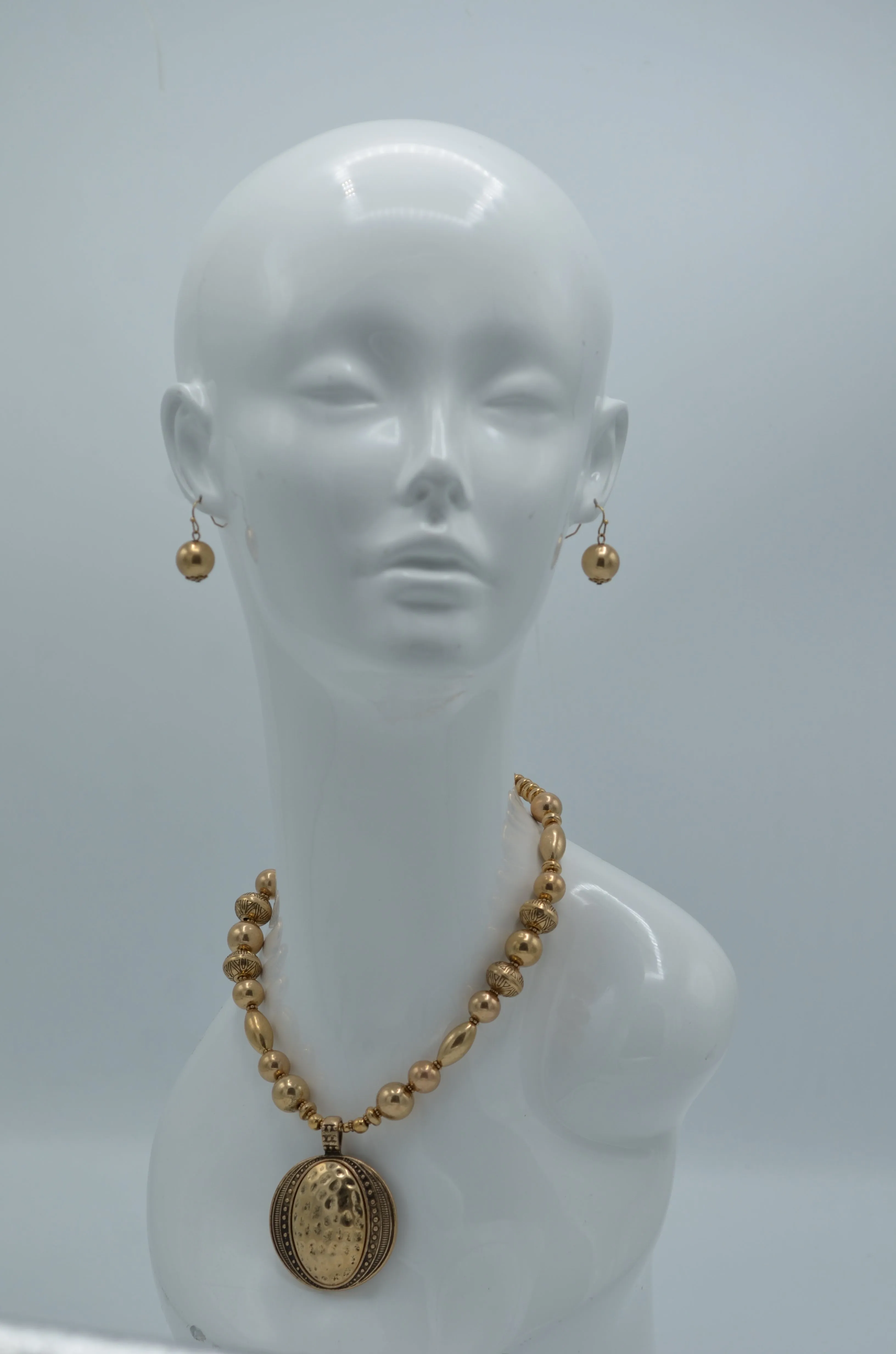 Gold Oxidize Beads and Gold Hammered Round Pendant  Necklace And Earrings Set #HNN E89315GDOX (XB20)