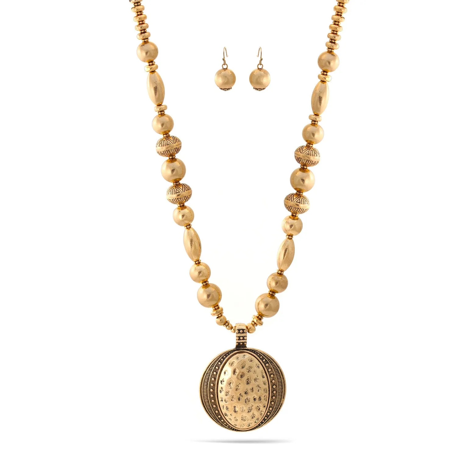 Gold Oxidize Beads and Gold Hammered Round Pendant  Necklace And Earrings Set #HNN E89315GDOX (XB20)