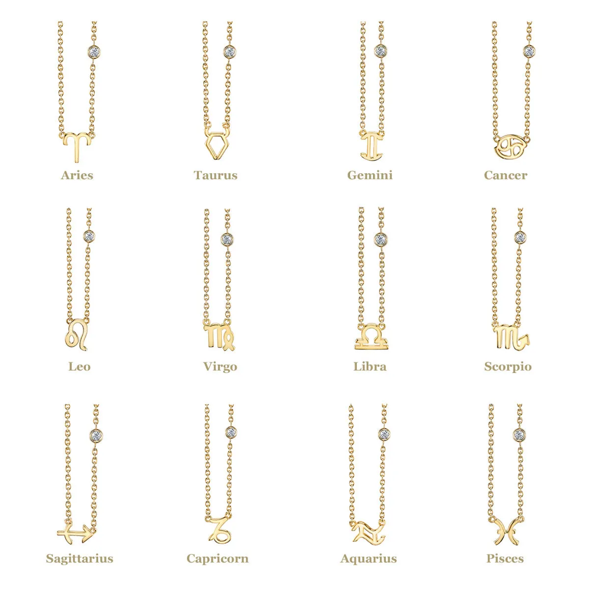 Gold Plated Sterling Silver Zodiac Necklace with Bezel Set Diamond