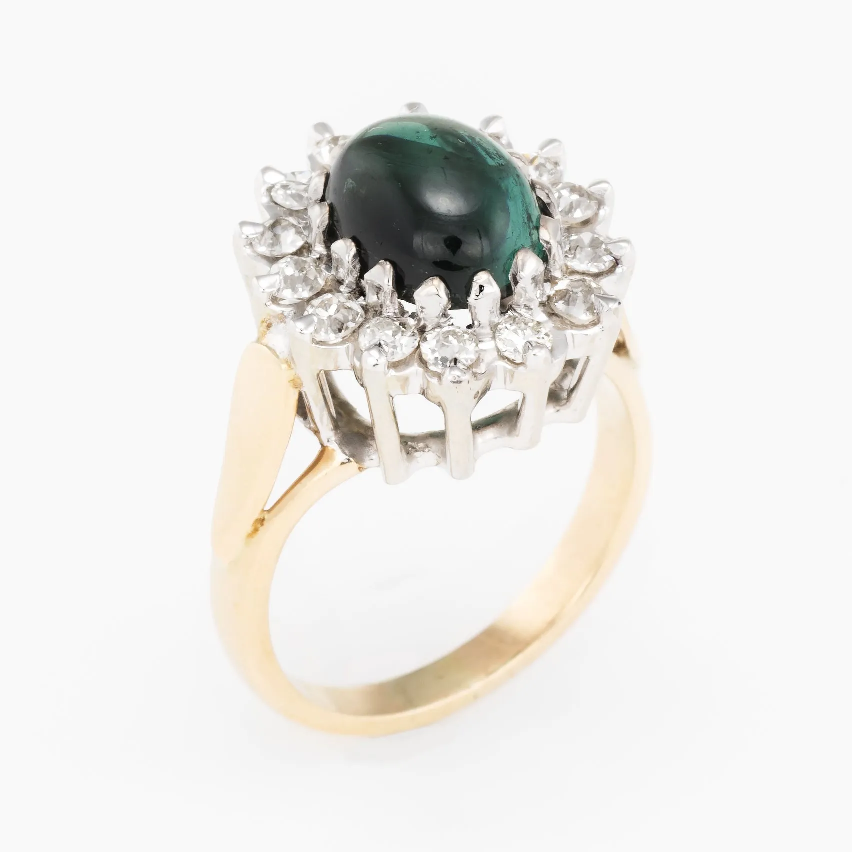 Green Tourmaline Diamond Princess Cocktail Ring Vintage 14k Yellow Gold Estate