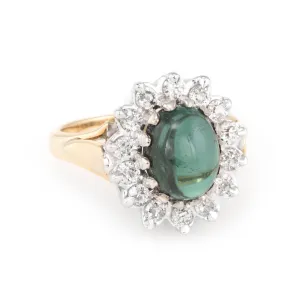 Green Tourmaline Diamond Princess Cocktail Ring Vintage 14k Yellow Gold Estate
