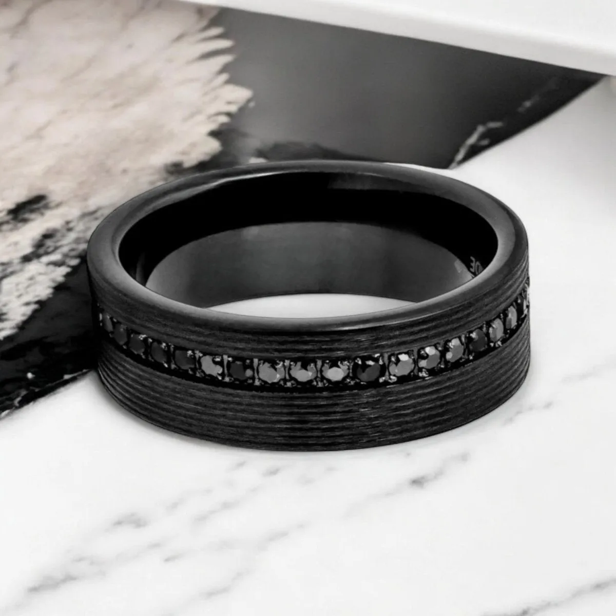 GROOVIX | Black Tungsten Ring, Diamond Stimulate Black CZ, Grooved