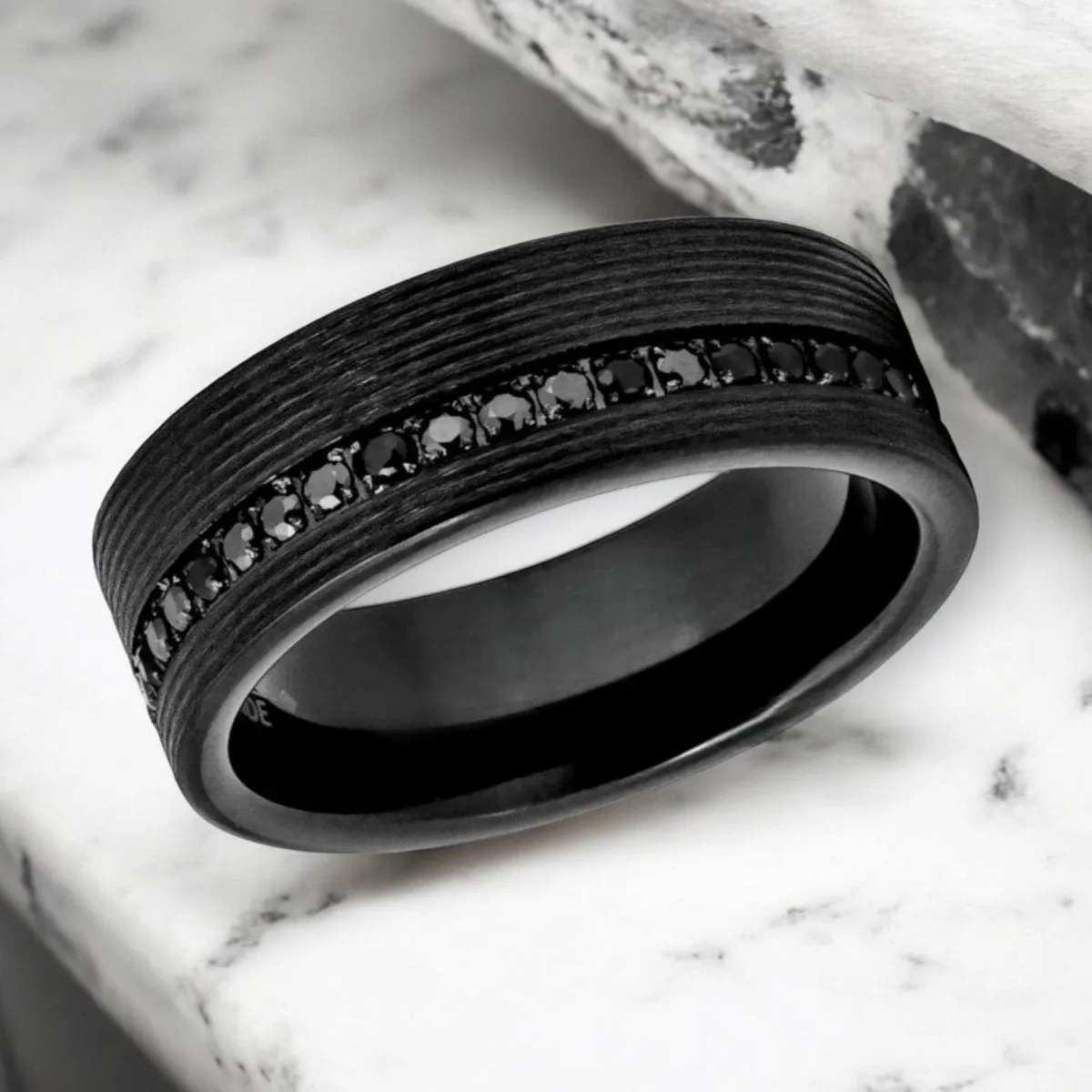 GROOVIX | Black Tungsten Ring, Diamond Stimulate Black CZ, Grooved