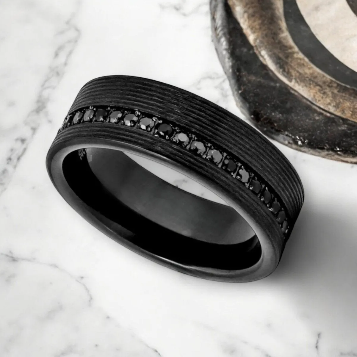 GROOVIX | Black Tungsten Ring, Diamond Stimulate Black CZ, Grooved