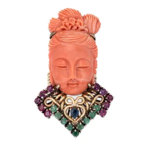 Guanyin Goddess Ring Carved Coral Gemstone Vintage 14k Yellow Gold Cocktail