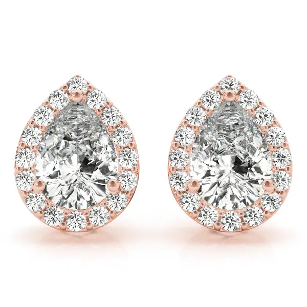 Halo Pear 14k Rose Gold Moissanite Basket Stud Earrings