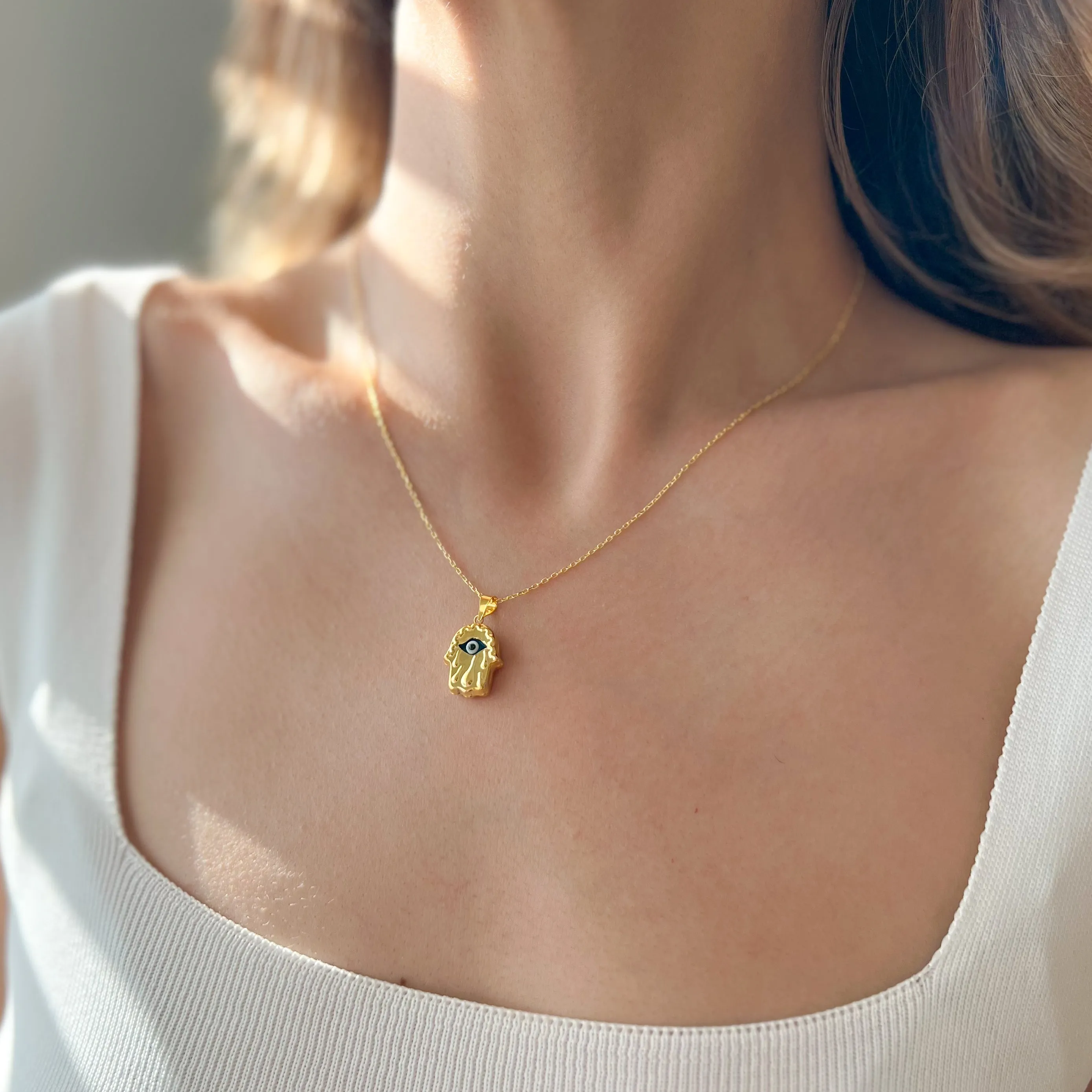 Hamsa Hand Silver Necklace, Gold Plated Silver Necklace