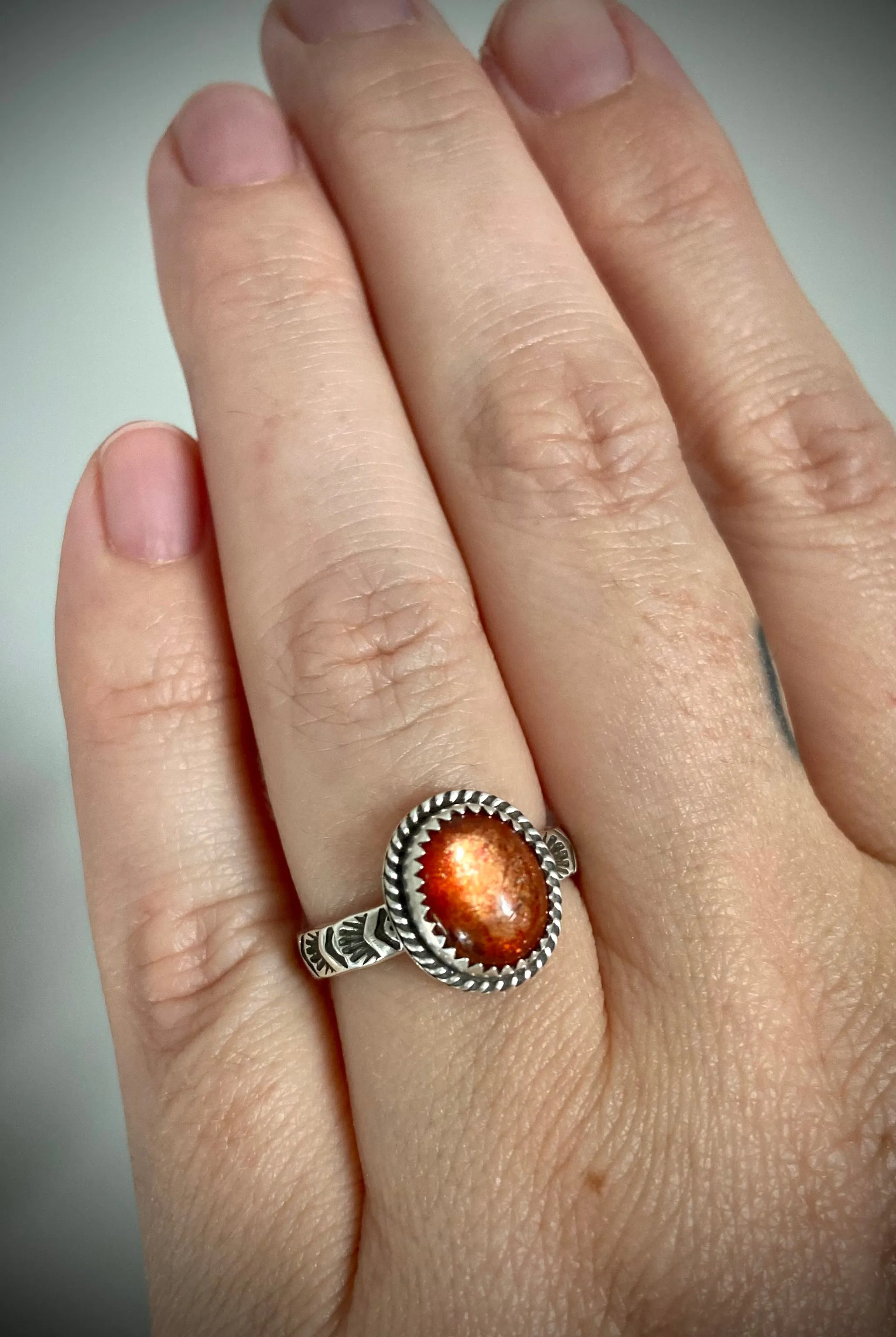 Hand Stamped Sunstone Ring