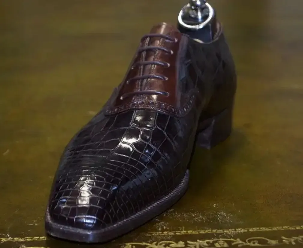 Handmade Men's Brown Alligator Pattern Lace-Up Oxfords