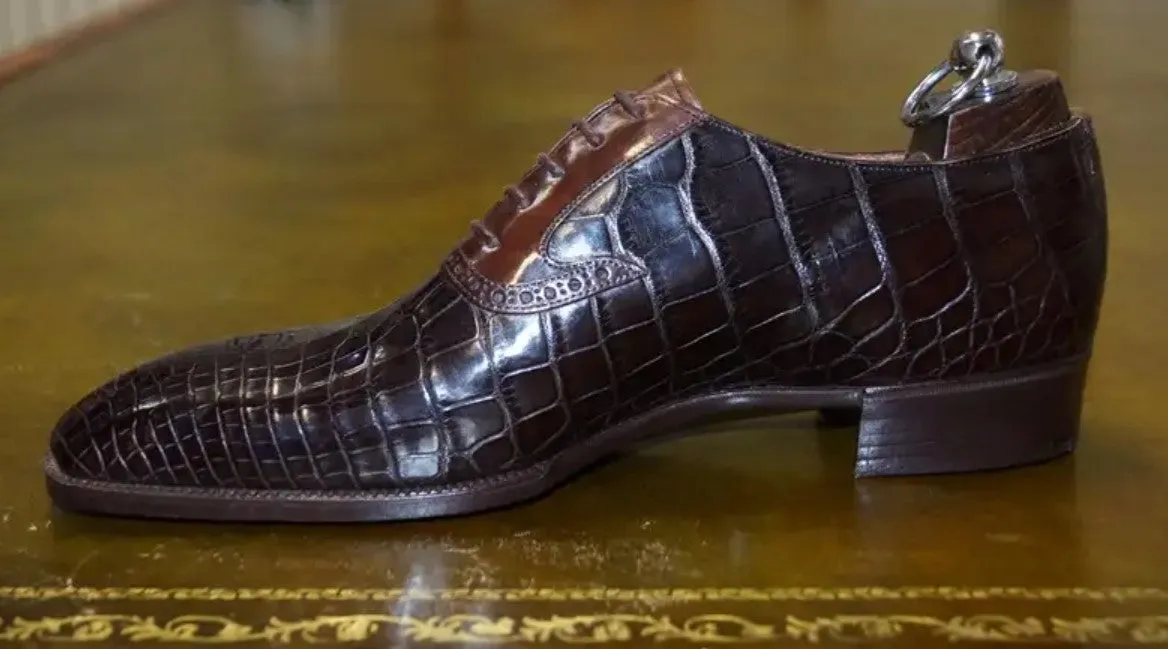Handmade Men's Brown Alligator Pattern Lace-Up Oxfords