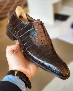 Handmade Men's Brown Alligator Pattern Lace-Up Oxfords