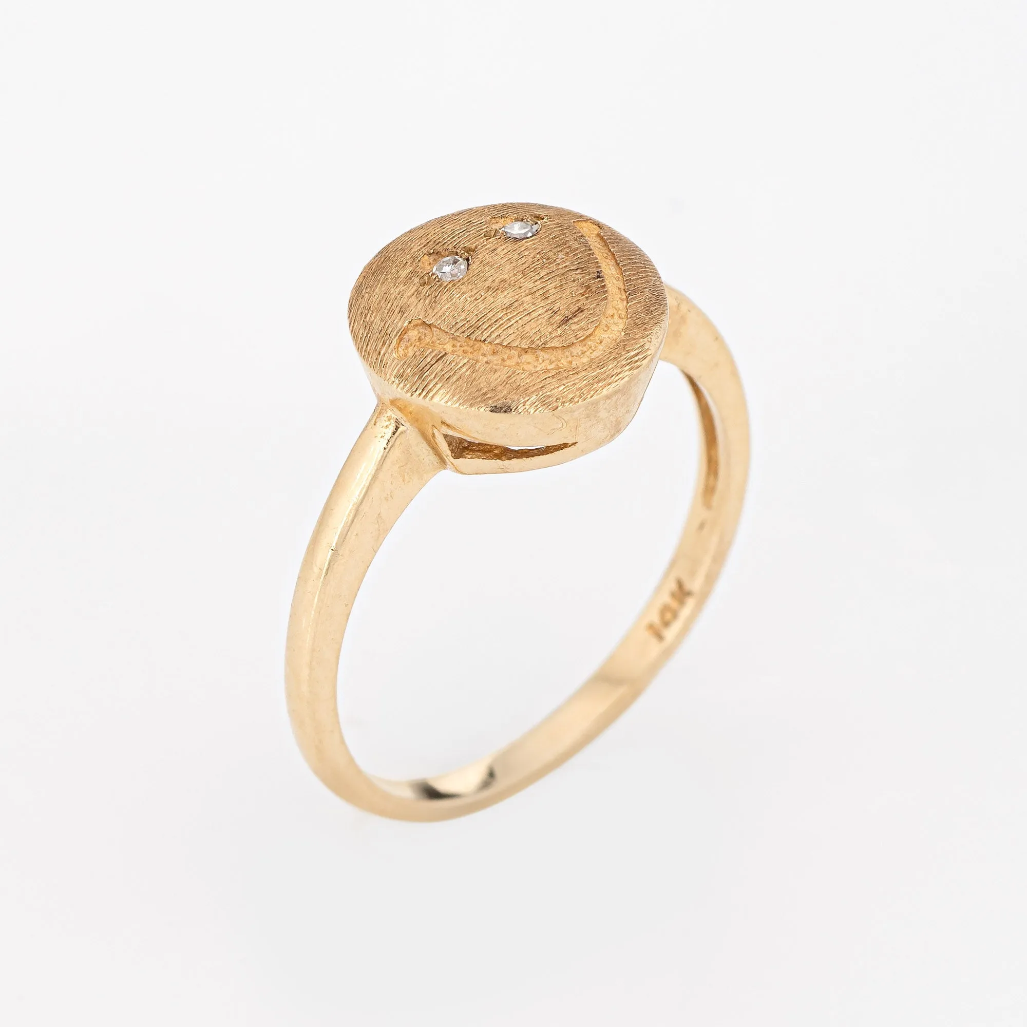 Happy Face Diamond Eyes Ring Vintage 14k Yellow Gold Sz 5.75 Estate Jewelry
