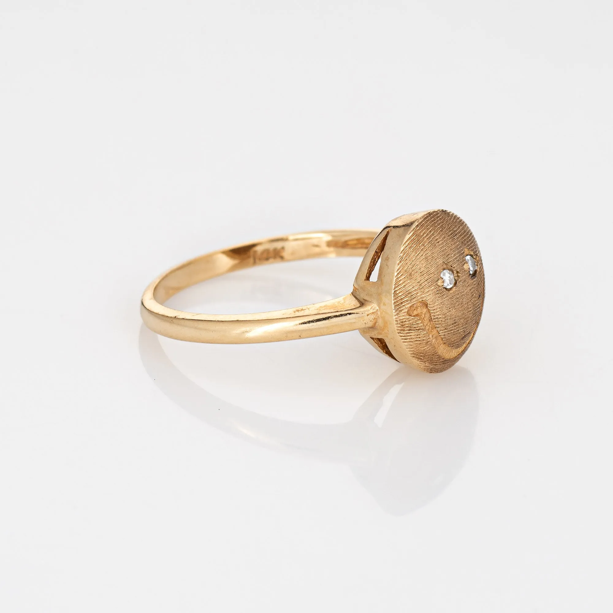 Happy Face Diamond Eyes Ring Vintage 14k Yellow Gold Sz 5.75 Estate Jewelry