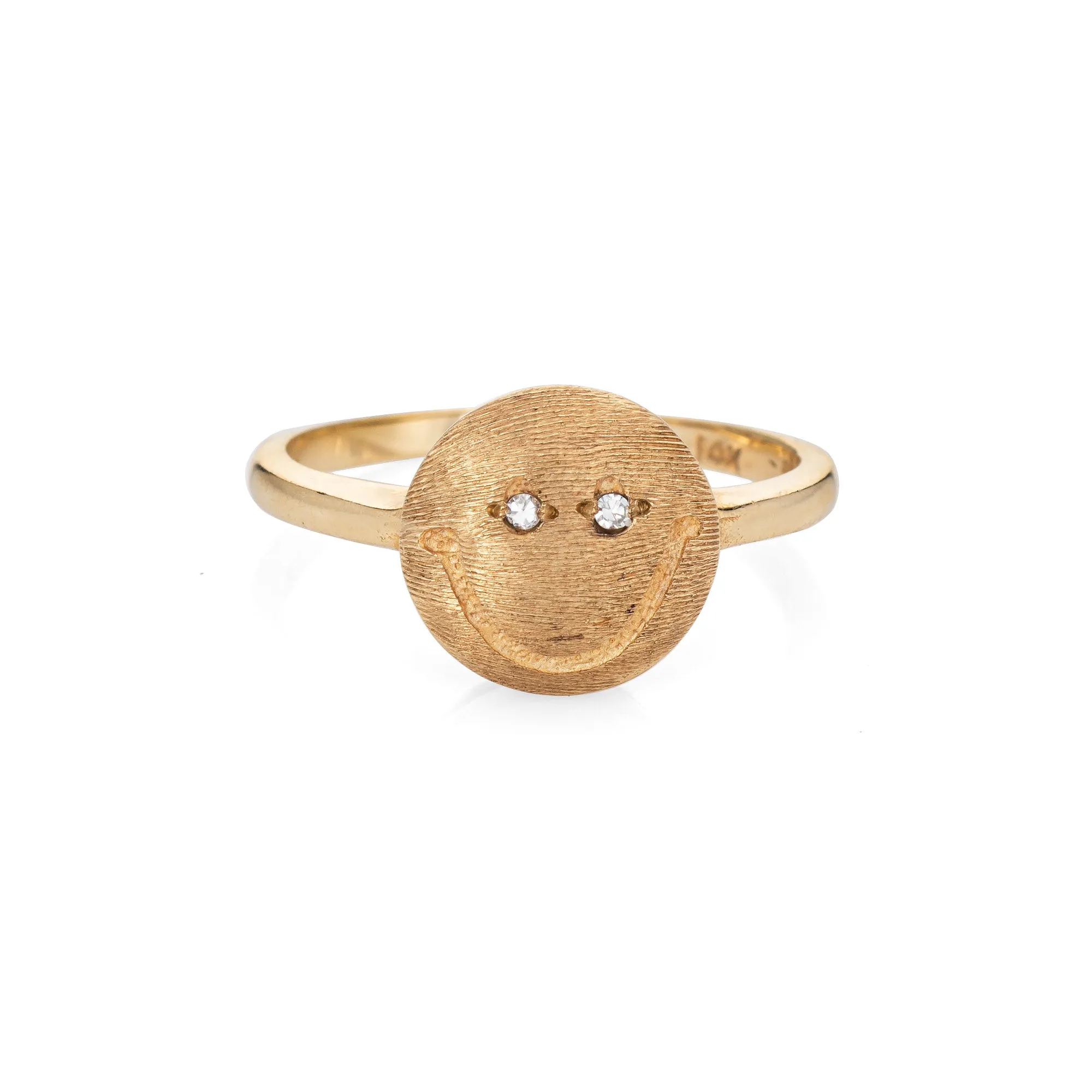 Happy Face Diamond Eyes Ring Vintage 14k Yellow Gold Sz 5.75 Estate Jewelry