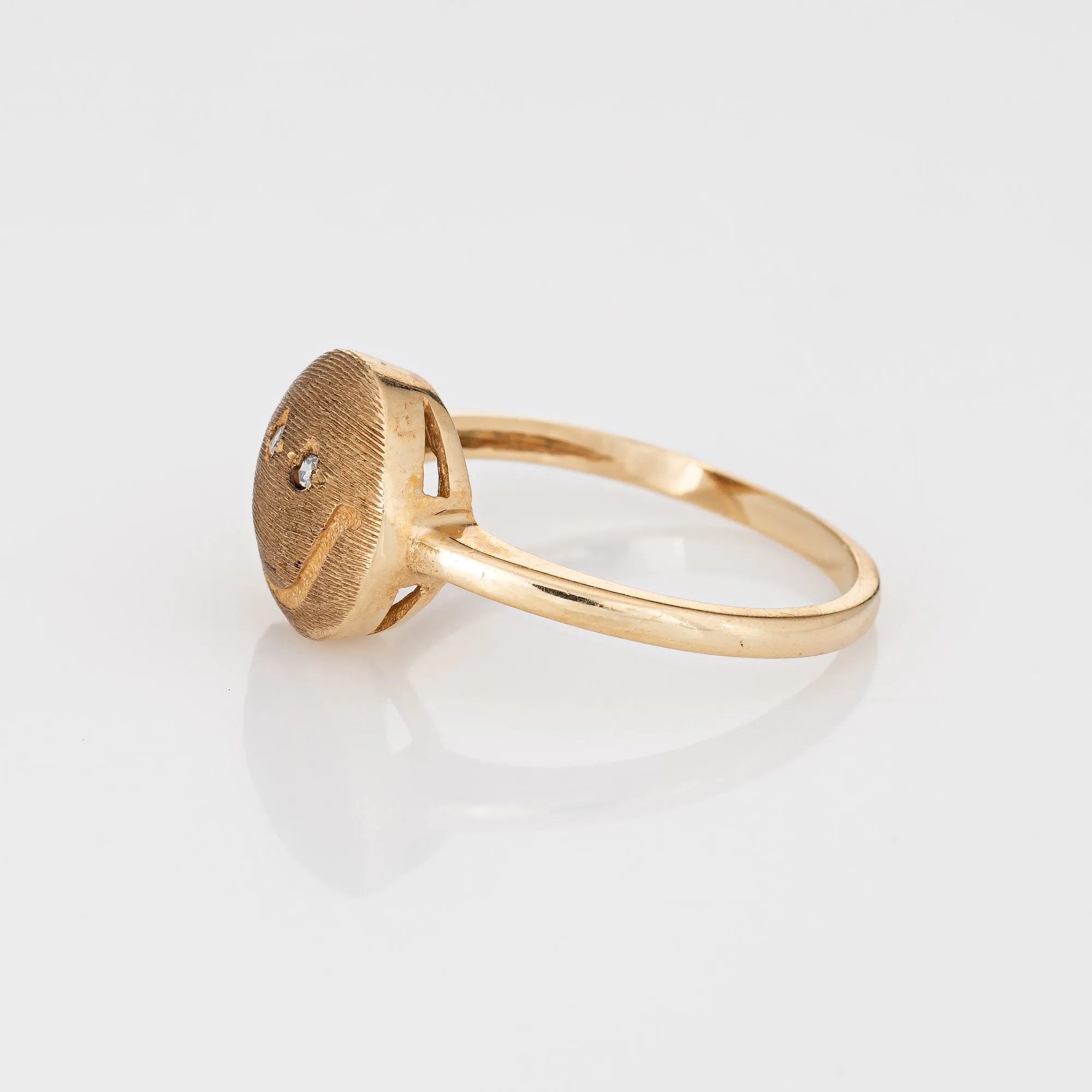 Happy Face Diamond Eyes Ring Vintage 14k Yellow Gold Sz 5.75 Estate Jewelry