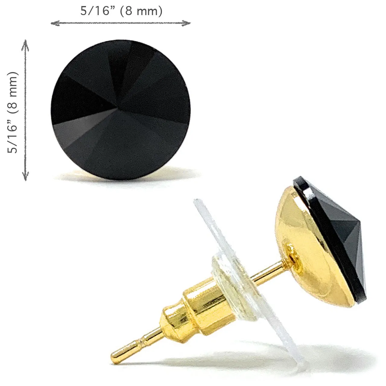 Harley Stud Earrings with Black Jet Round Rivoli Crystals from Swarovski Gold Plated