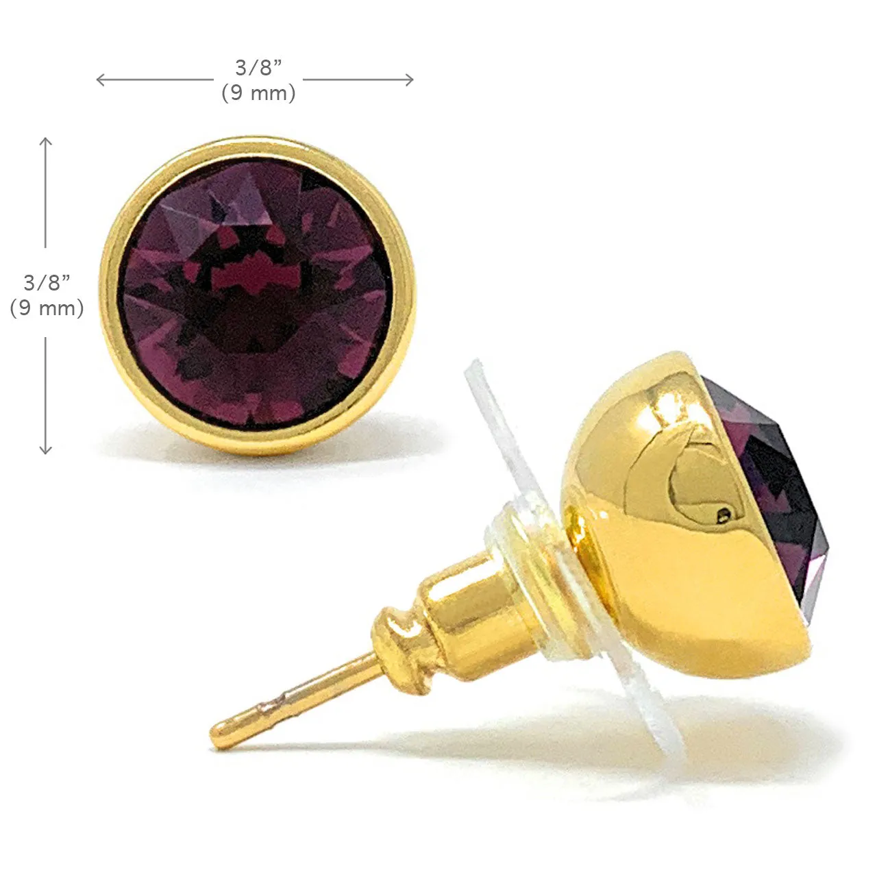 Harley Stud Earrings with Purple Amethyst Round Crystals from Swarovski Gold Plated