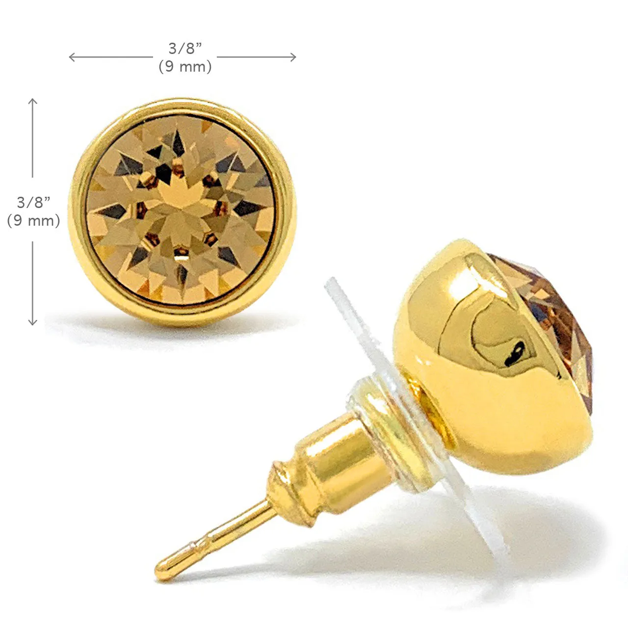 Harley Stud Earrings with Yellow Brown Light Topaz Round Crystals from Swarovski Gold Plated