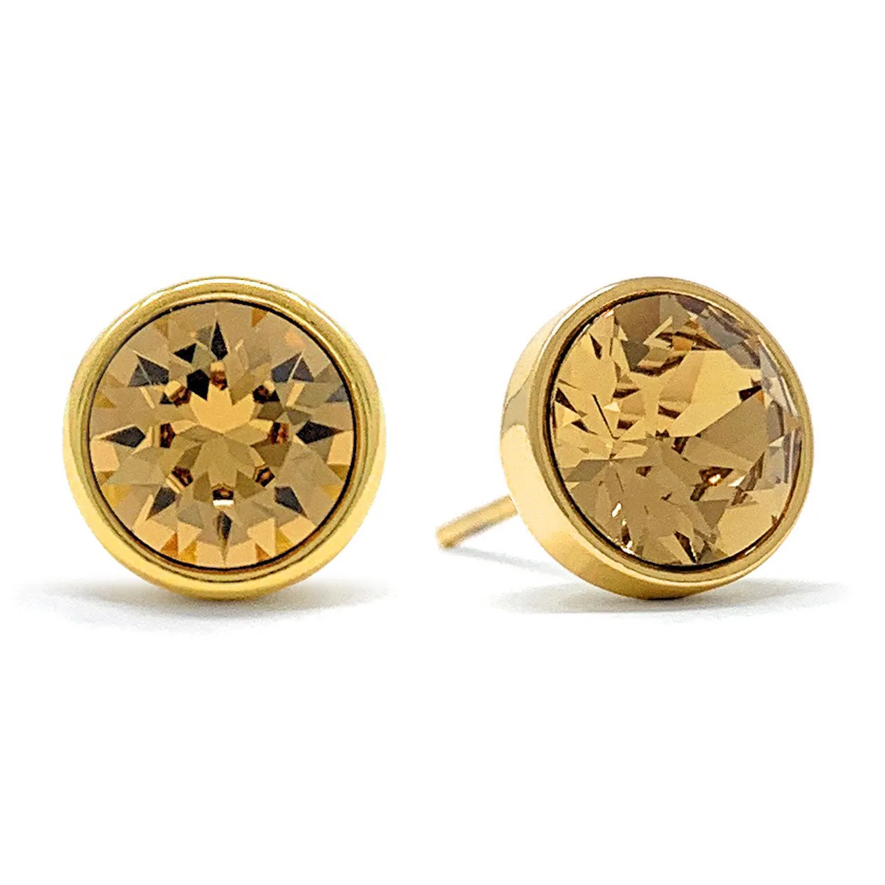 Harley Stud Earrings with Yellow Brown Light Topaz Round Crystals from Swarovski Gold Plated