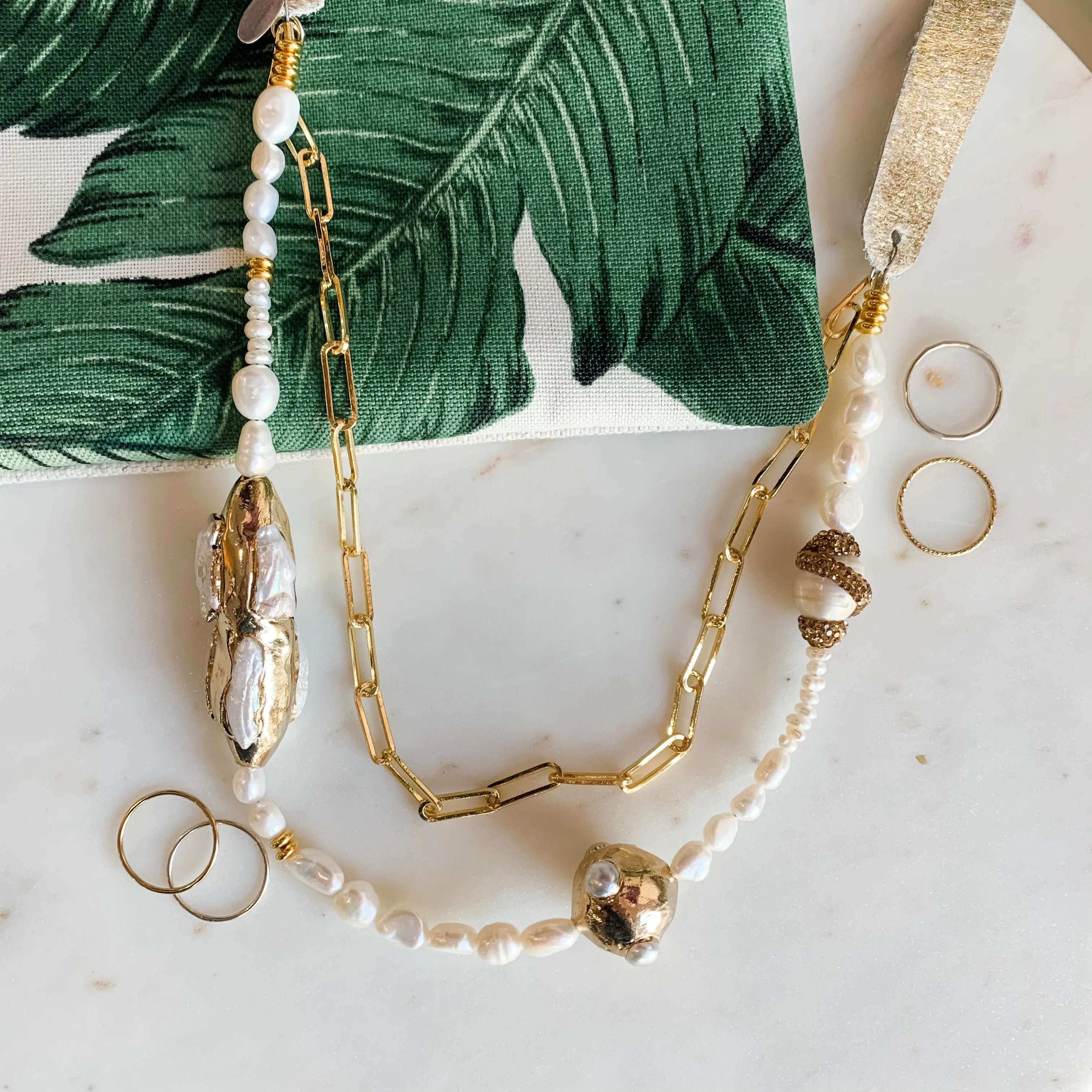 HBIC Gold and Pearl Leather Necklace
