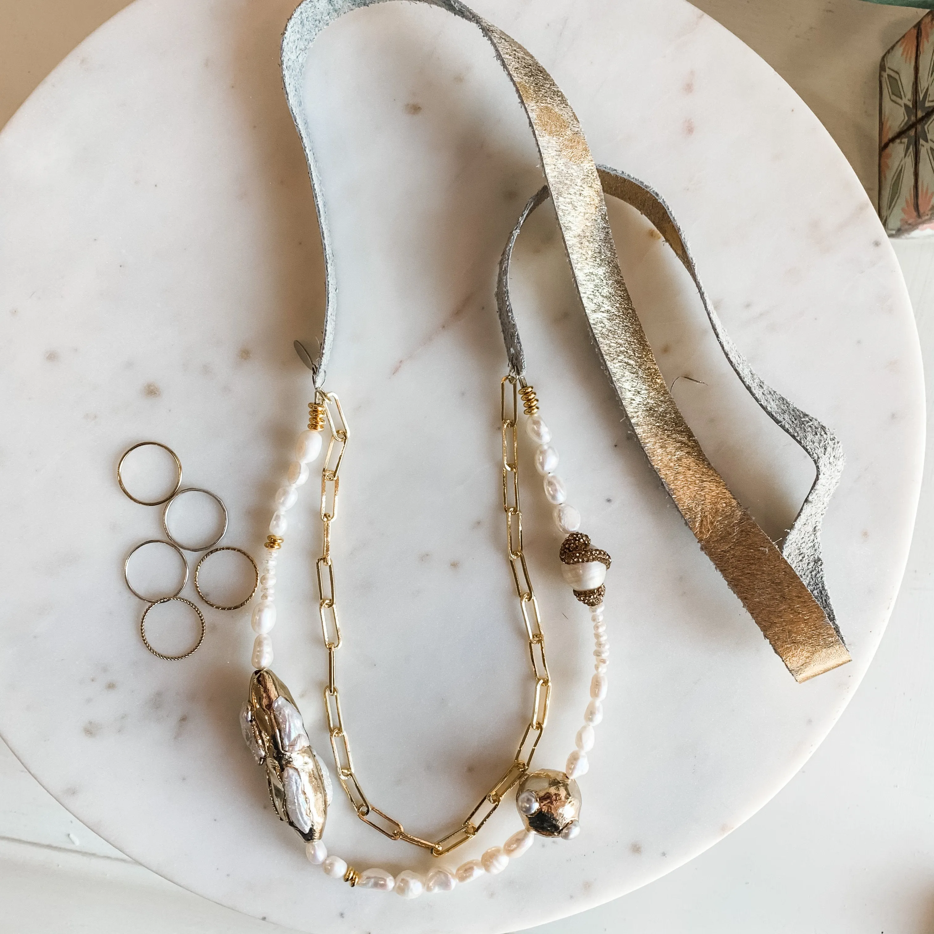 HBIC Gold and Pearl Leather Necklace