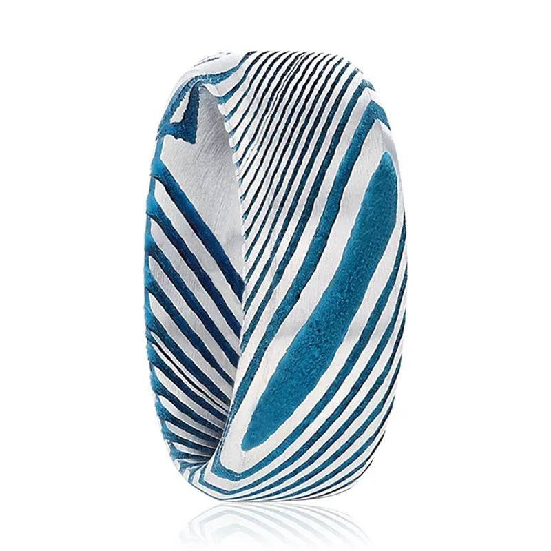 HICKET Blue Damascus Steel Men's Wedding Band with Bevels & Brushed Finish - 6MM - 8MM