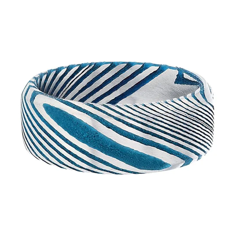 HICKET Blue Damascus Steel Men's Wedding Band with Bevels & Brushed Finish - 6MM - 8MM