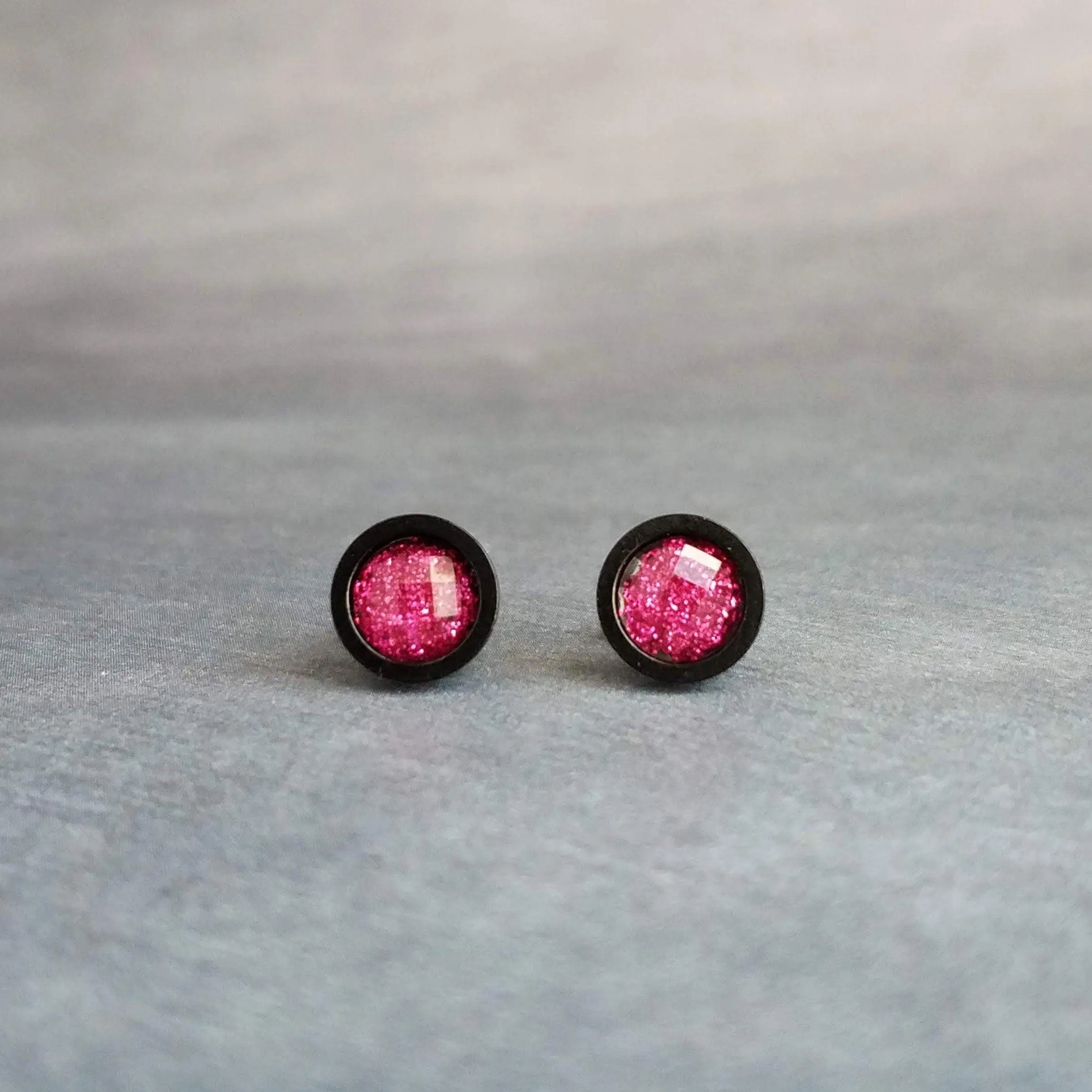 Hot Pink Black Stud Earrings, black fuchsia stud earring, hot pink earrings, matte black earring, fuchsia earrings, bright round sparkle