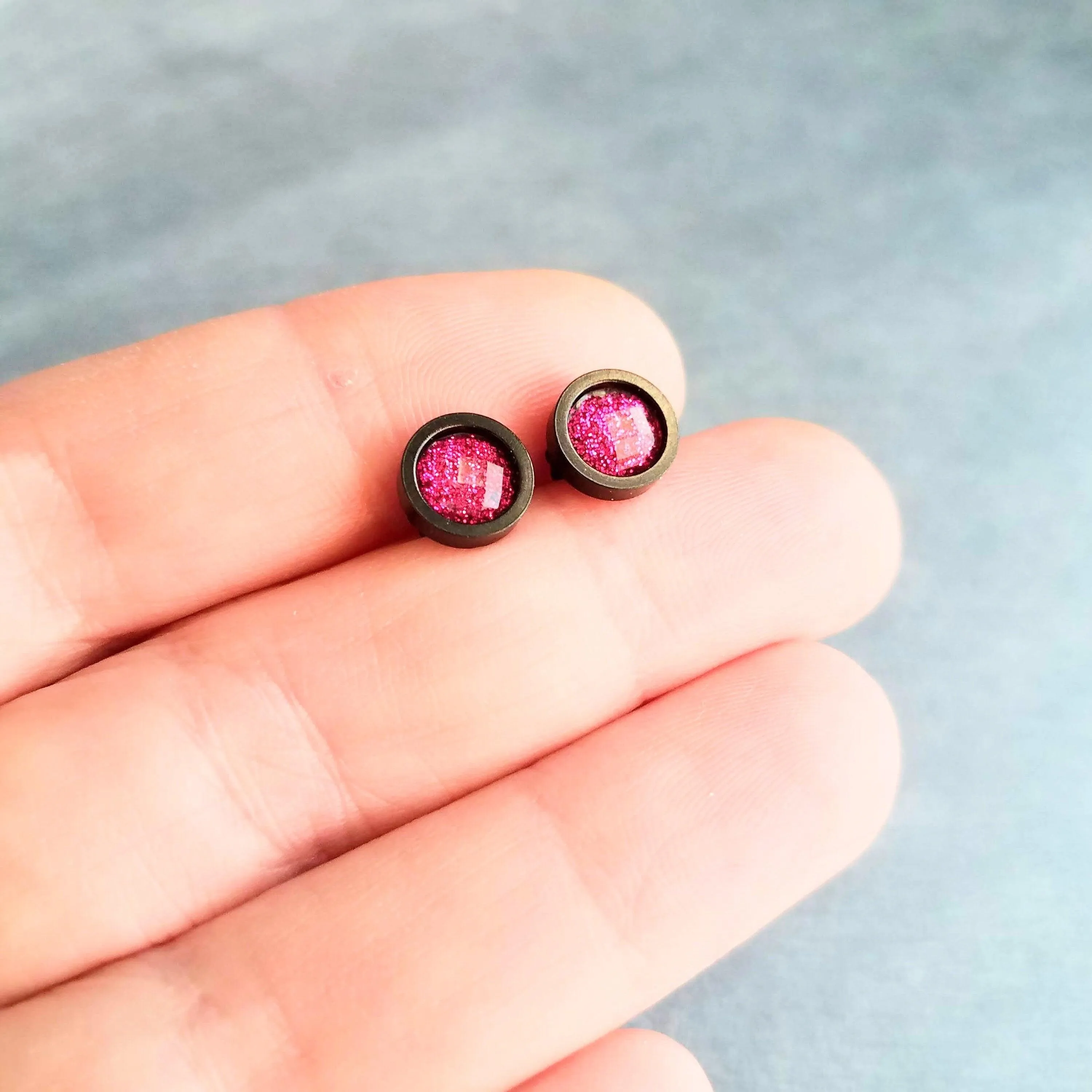 Hot Pink Black Stud Earrings, black fuchsia stud earring, hot pink earrings, matte black earring, fuchsia earrings, bright round sparkle